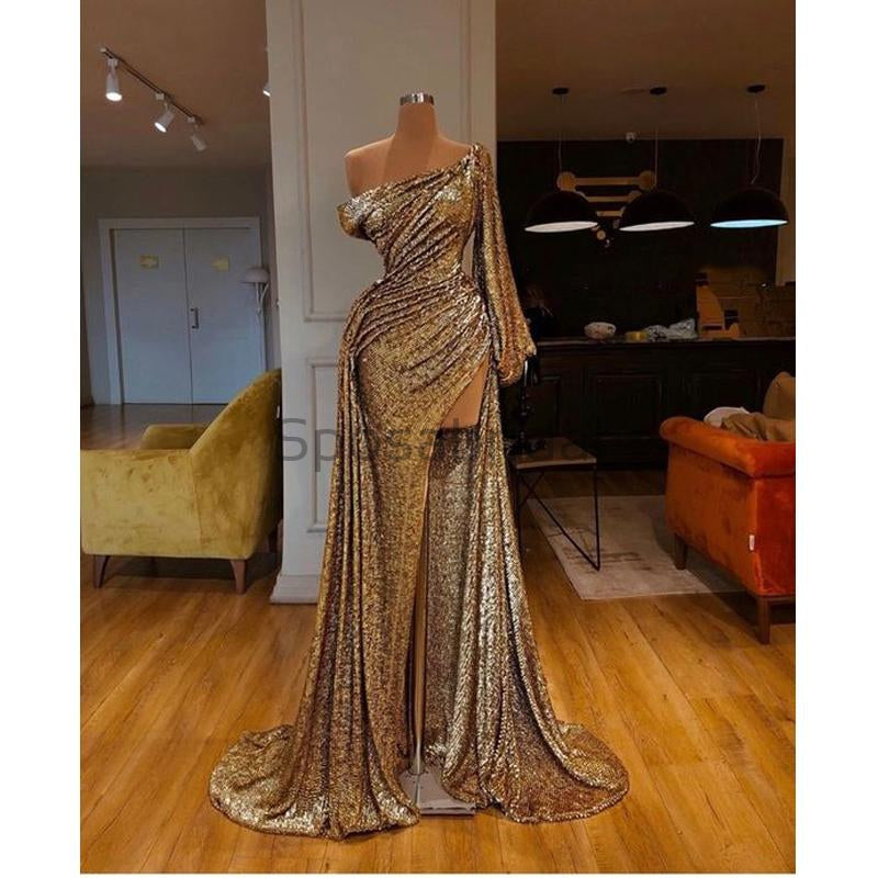 Unique Design Gold One Shoulder Side Slit Fashion Modest Mermaid Prom Dresses PD1457