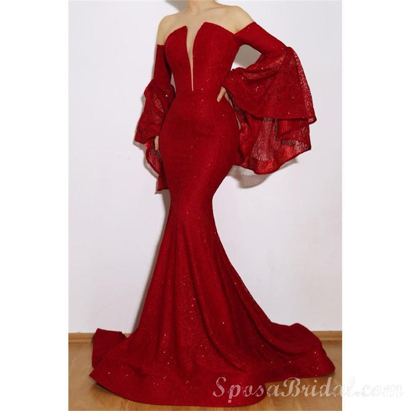 Unique Long Sleeves V-Neck Sequins   Strapless Ruffles Mermaid Prom Dresses, PD1341