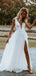 Sexy V-Neck Side-slit Lace Long Beach Wedding Dresses, WD0590