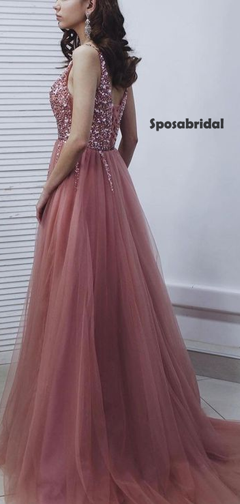 Charming V-neck Spaghetti Strap Sequins, Tulle A-line Prom Dresses, PD3010