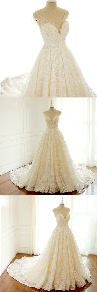 V Neck Unique New Design Wedding Dresses , Lovely Romantic Long Elegant Summer Bridal Gowns , WD0295