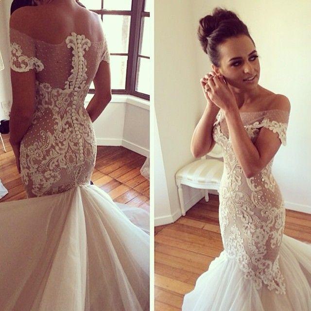 High Quality Off Shoulder Sexy See Through Mermaid Lace Wedding Party Dresses, WD0061