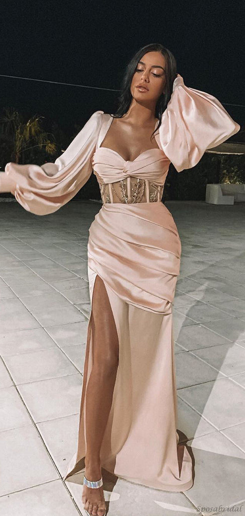 Blush Pink Square-neck Sweetheart Long Sleeves Side-slit Mermaid Long Prom Dress, PD3230