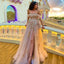 Champagne Gold Off-shoulder Lace Top A-line Side-slit Long Prom Dress, PD3363