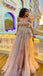 Champagne Gold Off-shoulder Lace Top A-line Side-slit Long Prom Dress, PD3363