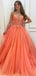 Charming Hot Coral Spaghetti Strap Sweetheart Lace Top A-line Long Prom Dress, PD3172