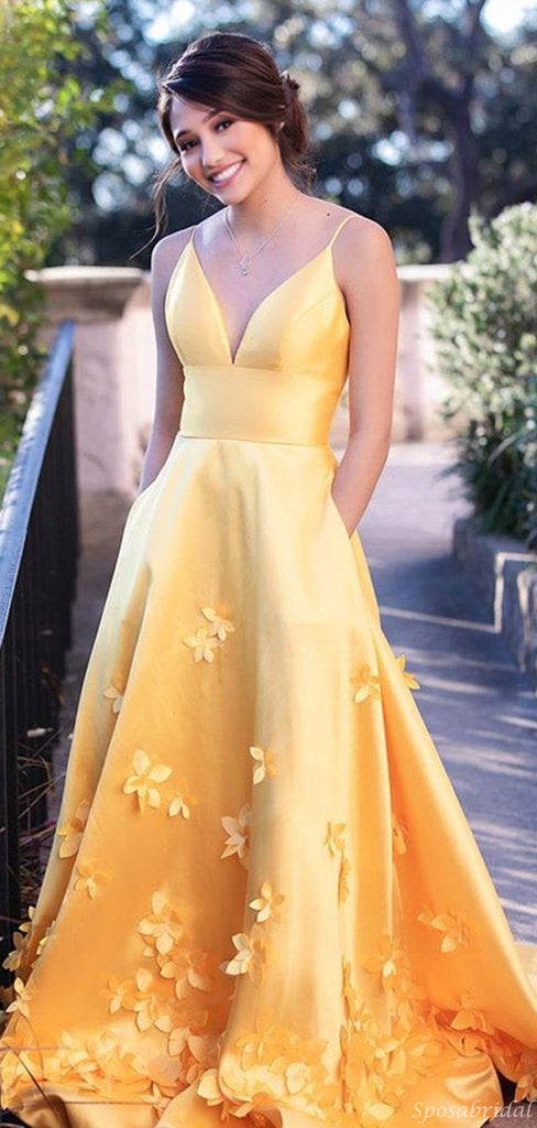 Chic Bright Yellow V-neck Spaghetti Floral Backless A-line Long Prom Dress, PD3139