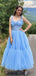 Cute Sky Blue Spaghetti Straps Sweetheart Ruffle Top A-line Tea-length Prom Dress, PD3298