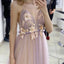 Dusty Pink Spaghetti Strap Floral Applique A-line Long Tulle Prom Dress, PD3162
