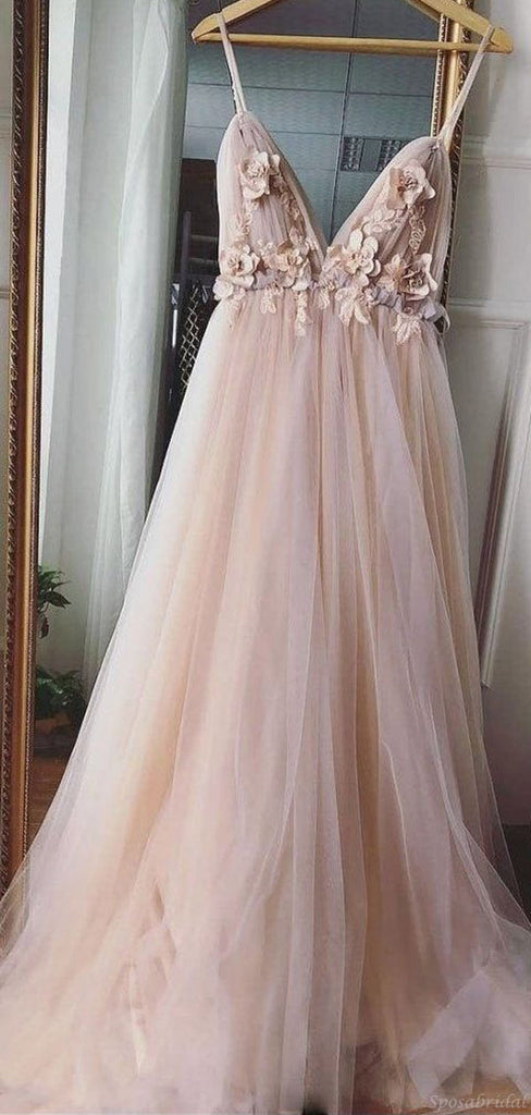 Dusty Pink Spaghetti Strap Floral Applique A-line Long Tulle Prom Dress, PD3162