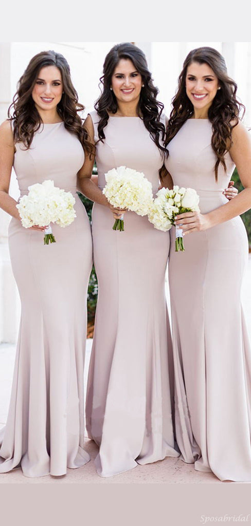 Elegant Blush Pink High-neck Sleeveless Mermaid Long Bridesmaid Dress, BD3123