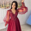 Elegant Burgundy Lace Top V-neck Tulle Sleeves A-line Prom Dress, PD3324