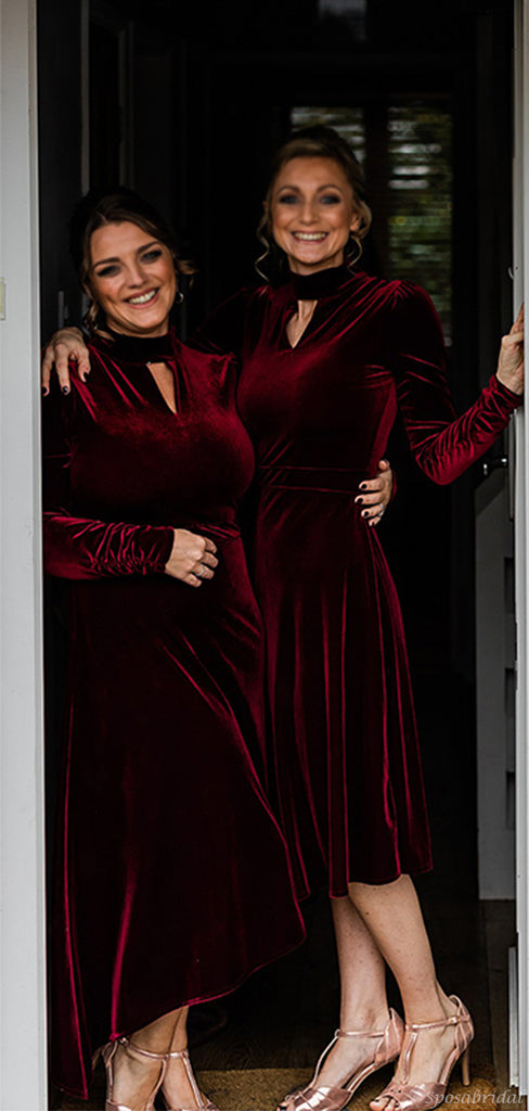 Elegant Burgundy Red Velvet Long Sleeves Tea-length A-line Bridesmaid Dress, BD3191