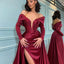 Elegant Burgundy V-neck Off-shoulder Side-slit Detachable Mermaid Long Prom Dress, PD3205