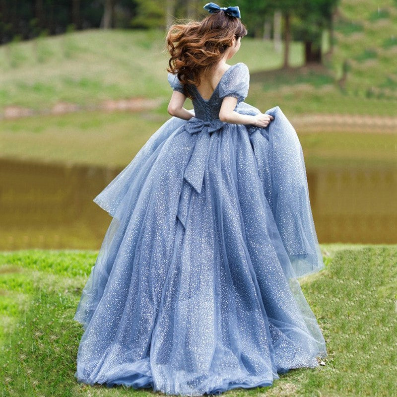 Elegant Dusty Blue Princess Bubble Cap Sleeves Sparkly A-line Long Prom Dress, PD3398
