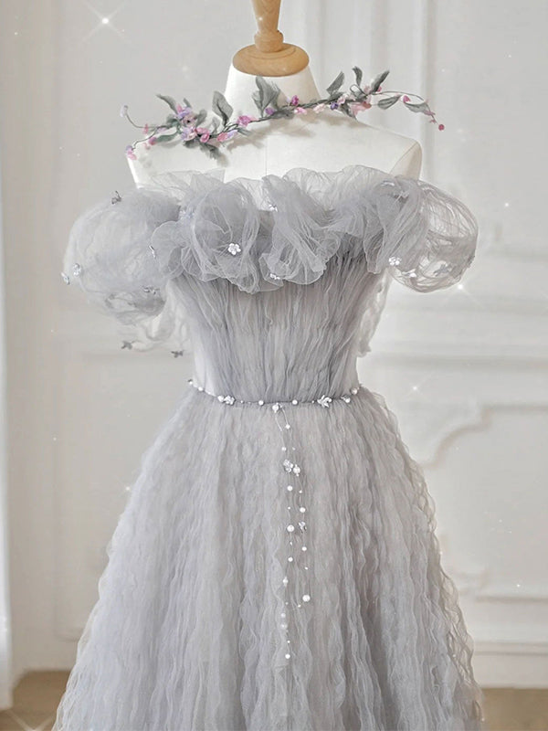 Elegant Gray Strapless Irregualr Pleats A-line Long Prom Dress, PD3390