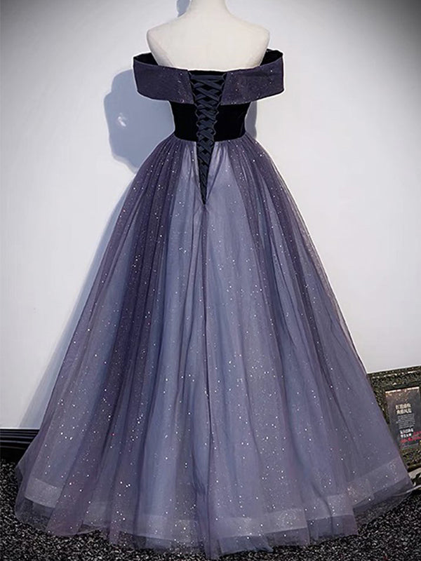 Elegant Navy Blue Sparkly A-line Off-shoulder Long Prom Dress, PD2349