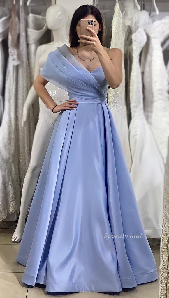 Elegant One-shoulder Light Blue A-line Simple Long Prom Dress, PD3392