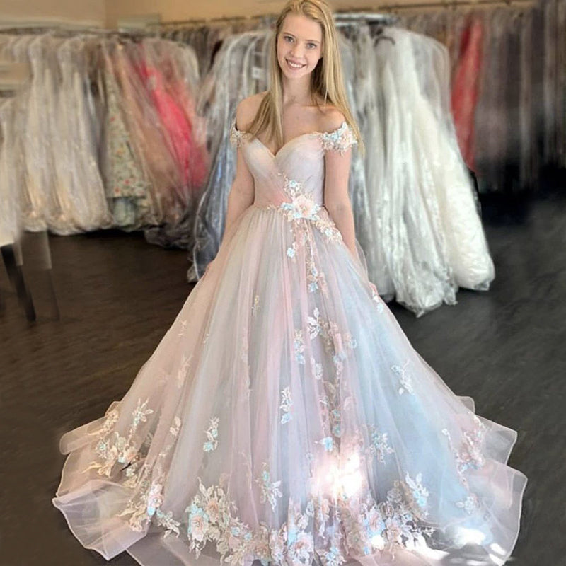 Elegant Pink Blue Off-shoulder Floral A-line Long Prom Dress, PD3201