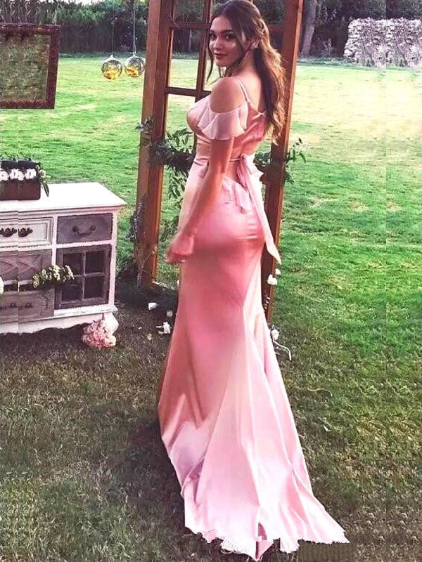 Elegant Sexy Shiny Pink Spaghetti Strap V-neck Mermaid Long Prom Dress With Trail, PD3181