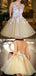 Elegant Soft Yellow Floral Appliques V-neck A-line Backless Mini Homecoming Dress, HD3050