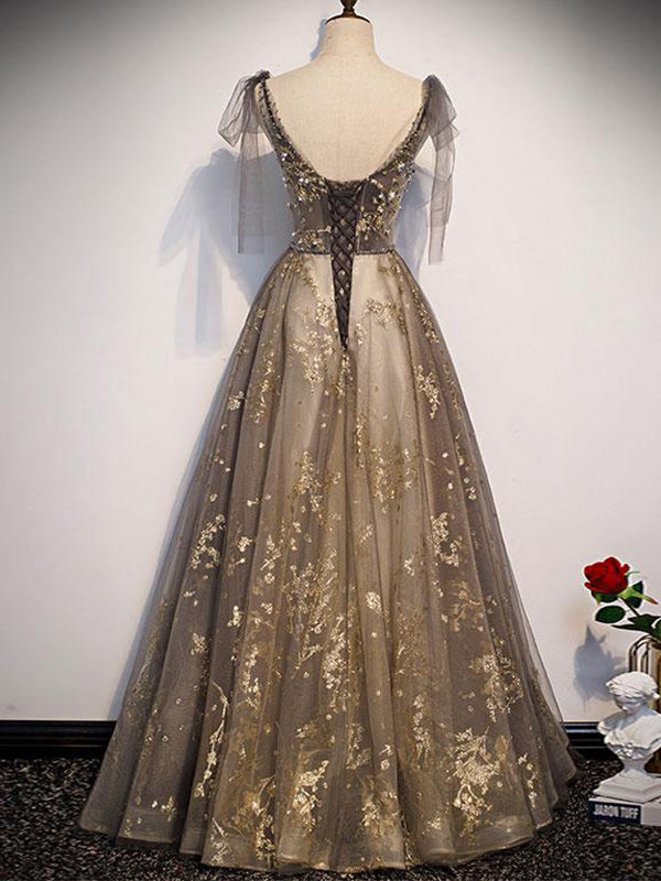 Elegant V-neck Organza Grey Lace A-line Spaghetti Straps Lace-up Back Long Prom Dress, PD3239