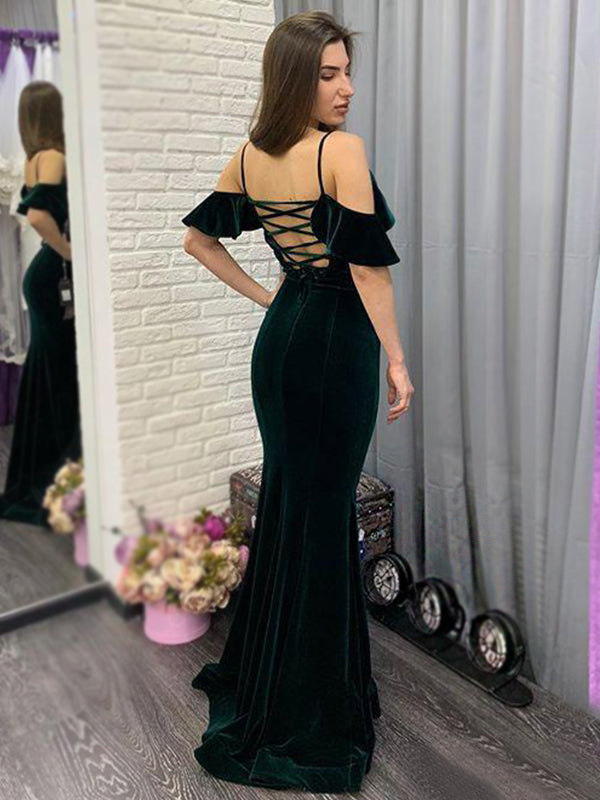 Emerald Blackish Green Velvet Spaghetti Straps Off-shoulder Mermaid Long Prom Dress, PD3278