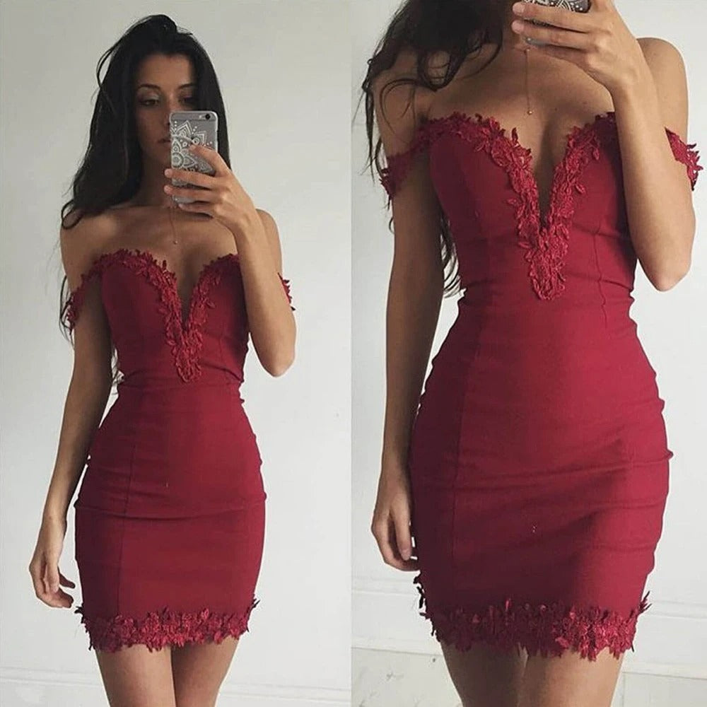 Sexy Wine Red Off-shoulder Mermaid Applique Mini Homecoming Dress, HD3055