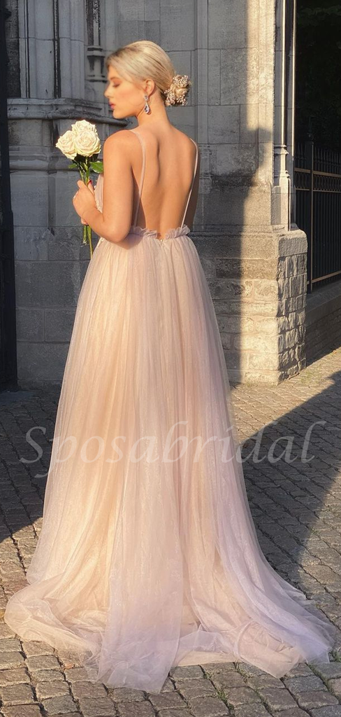 Floral Spaghetti Strap Sweetheart A-line Tulle Long Prom Dress, PD2368