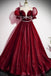 Formal Sparkly Navy And Burgundy Short Sleeves A-line Princess Long Prom Dress, PD3388