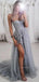 Gray Strapless Sexy Sweetheart Lace Side-slit A-line Long Prom Dress, PD3479