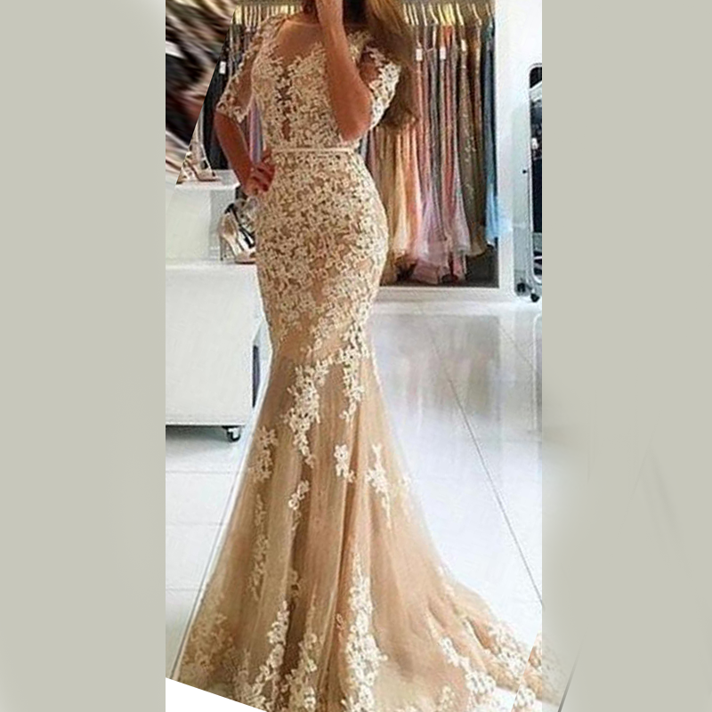 Half-sleeve Lace Appliques Mermaid Sexy Long Prom Dress, PD3083