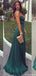 Sexy Halter Dark Green Open Back V-neck Side-slit Mermaid Long Prom Dress, PD3103