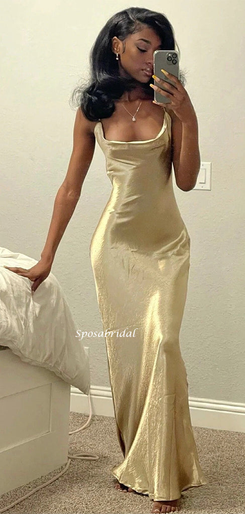 Super Shiny Cream Crystal Satin High Quality Spaghetti Straps Mermaid Bridesmaid Dress, PD3514