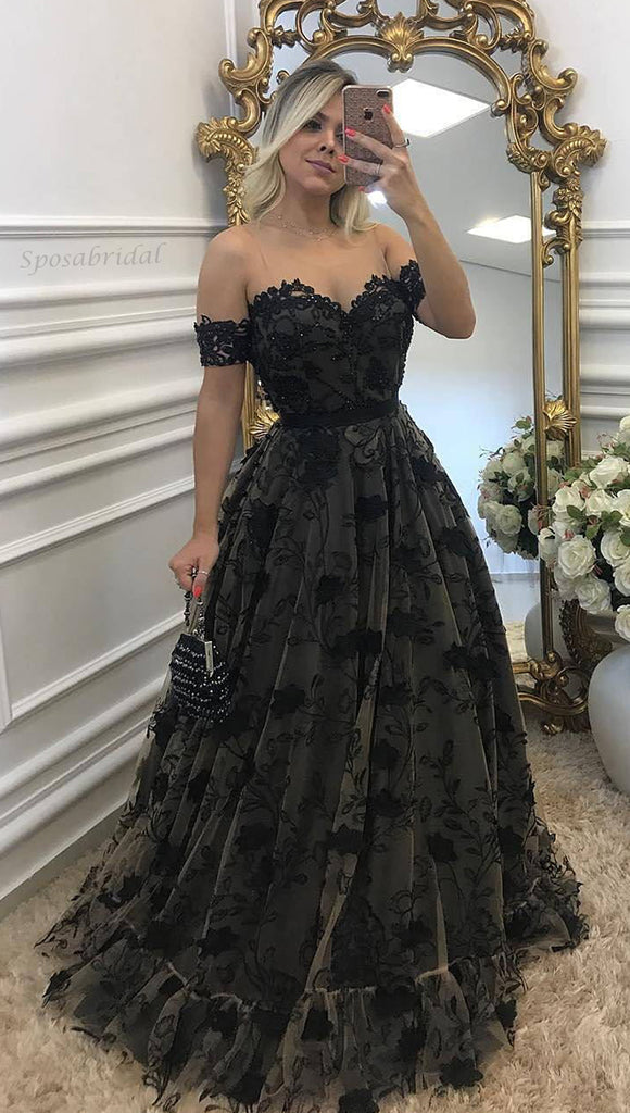 Luxury Black Sexy Lace Off-shoulder Sweetheart A-line Long Prom Dress, PD3372