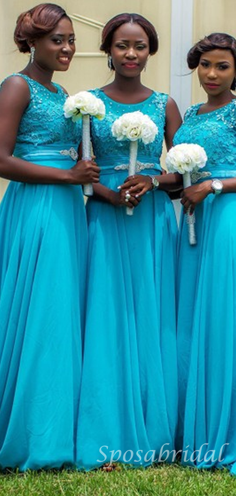 Malibu Blue Sleeveless Round-neck Lace Top Chiffon Long Bridesmaid Dress, BD3048