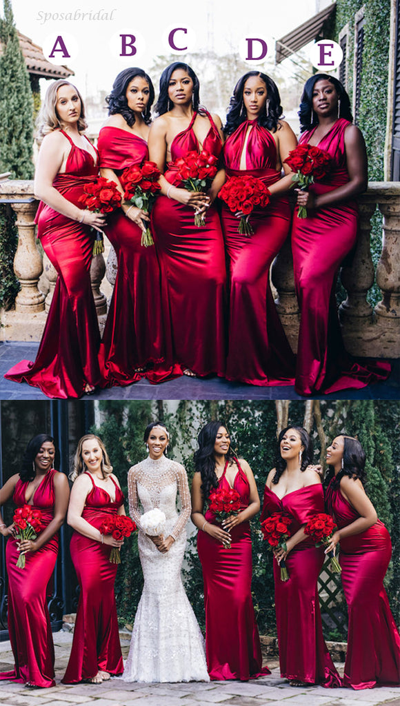 Mismatched Red Formal Sexy Mermaid Long Bridesmaid Dresses, BD3233
