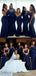 Modest One-shoudler Sleeveless Navy Blue Mermaid Long Bridesmaid Dress, BD3155