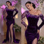 Violet Purple Elegant Velvet One-shoulder Lace Side-slit Mermaid Long Bridesmaid Dress, PD3222
