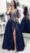 Navy Blue Elegant Illusion Lace Top Half-sleeves A-line Side-slit Long Prom Dress, PD3310