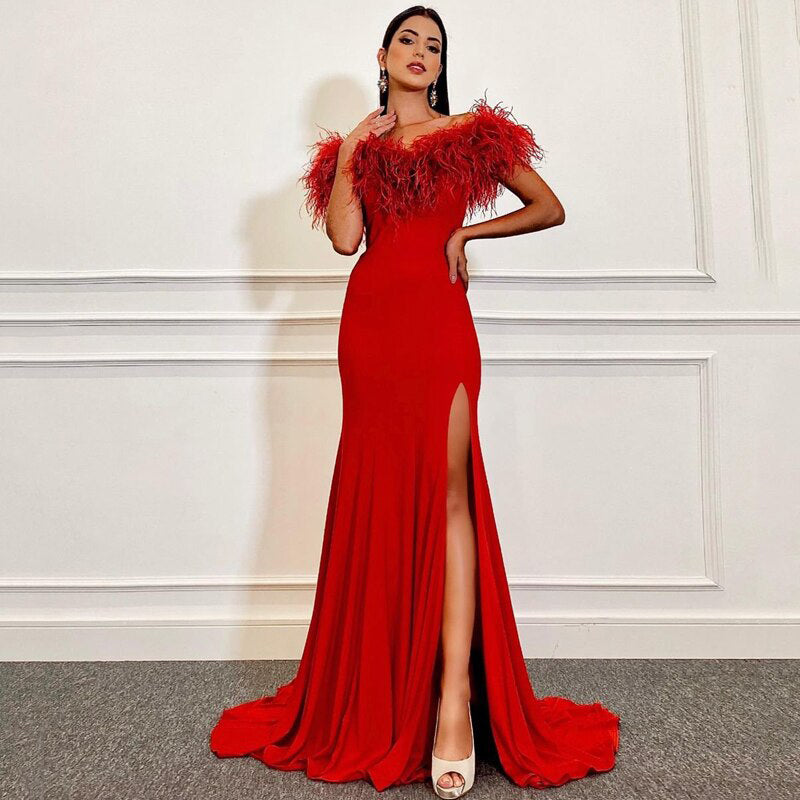 Red Charming Off-shoulder Feather Side-slit Mermaid Long Prom Dress, PD3352