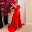 Red One-shoulder With Bow Tie Side-slit A-line Long Prom Dress, PD3381