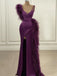 Purple Feather Sexy Straps Side-slit Mermaid Long Prom Dress, PD3489