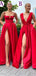 A-line Satin Red Mismatched Side-slit Elegant Evening Prom Dresses PD2353