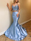 Elegant Sexy Baby Blue Two-piece V-neck Lace Top Mermaid Long Prom Dress, PD3124