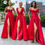 A-line Satin Red Mismatched Side-slit Elegant Evening Prom Dresses PD2353