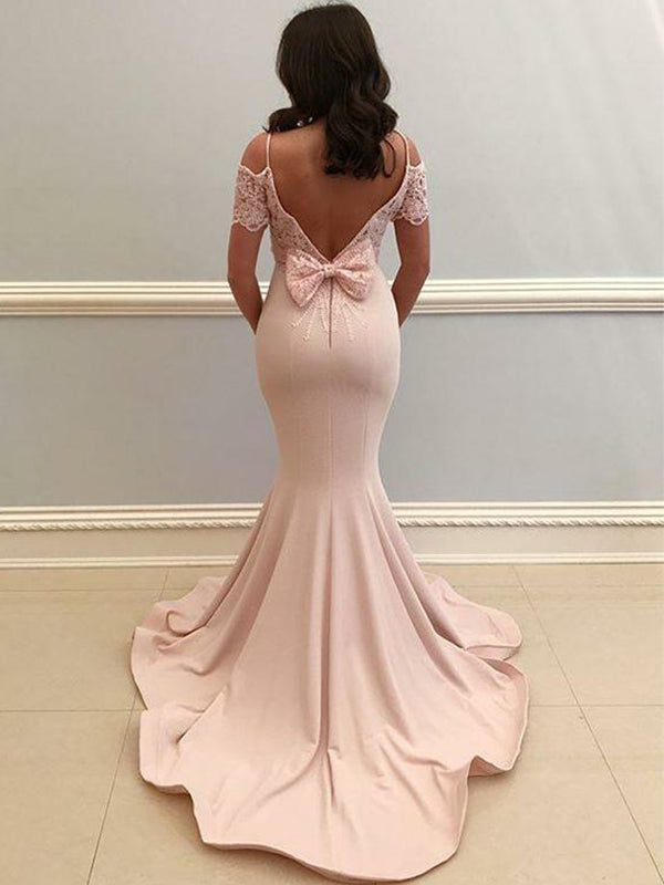 Sexy Blush Pink Off-shoulder Open Back Bow Tie Mermiad Long Prom Dress, PD3304