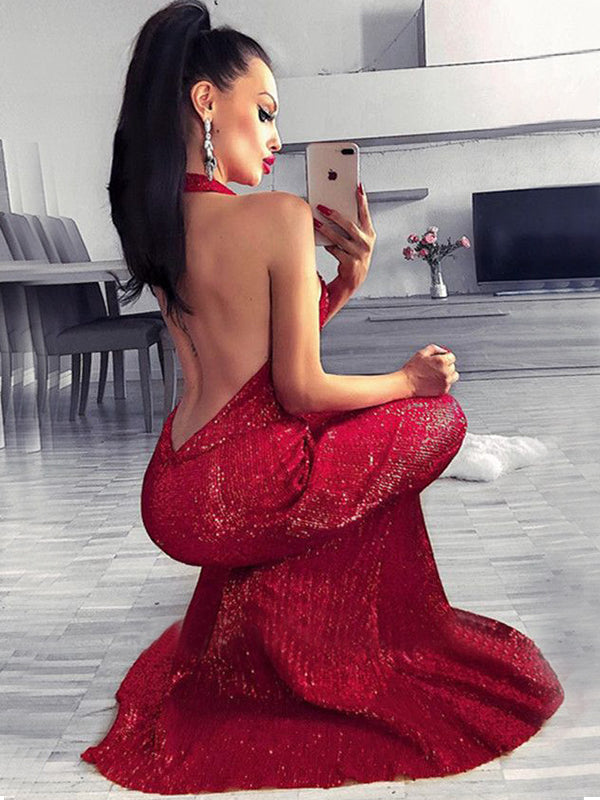 Sexy Dark Red Halter Open Back Mermaid Sequin Long Prom Dress, PD3509