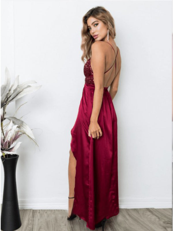 Sexy Dark Red Spaghetti Strap V-neck Sequin Top Side-slit A-line Long Prom Dress, PD3272