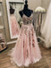 Sexy Elegant Blush Pink Floral Spaghetti Strap A-line Long Prom Dress, PD3188